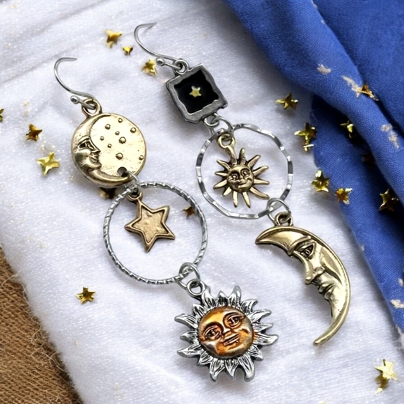 🆕️Boho Chic Sun Moon Star Asymmetrical Dangle Earrings | Celestial Vibes 🌞⭐ - Picture 1 of 13